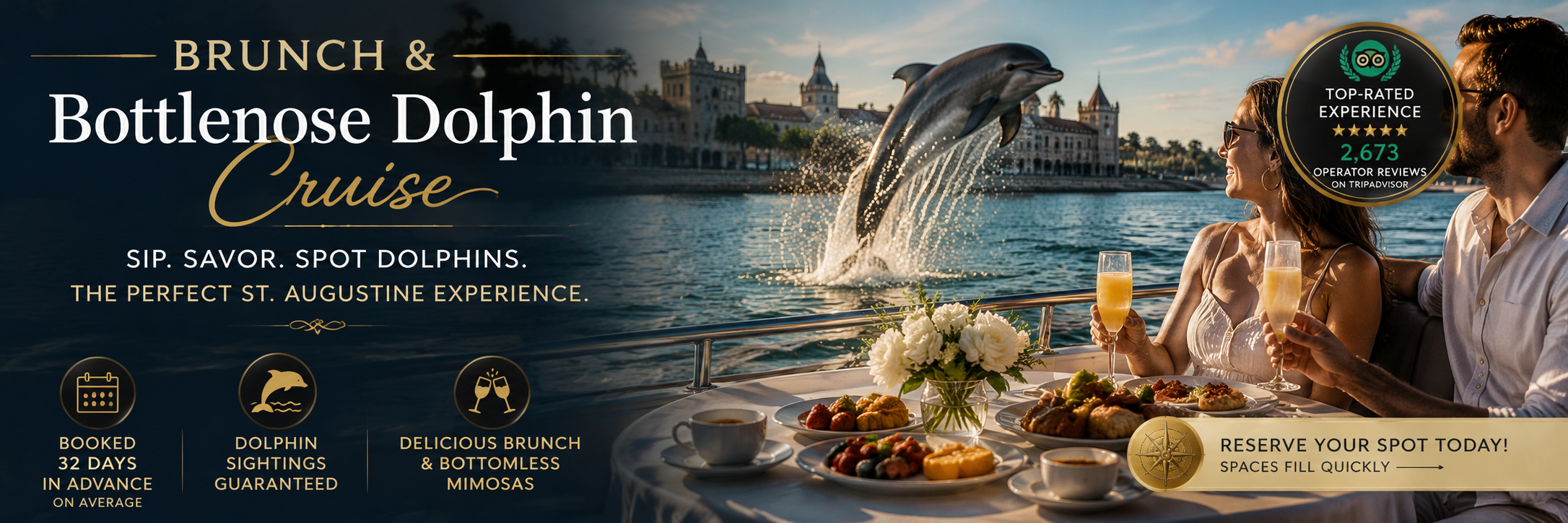Couple enjoying brunch aboard a sightseeing boat while dolphins leap from the water near the St. Augustine waterfront during the Brunch & Bottlenose Dolphin Cruise.