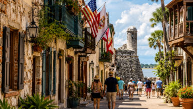 Artist's illustration of visitors walking through the Historic Downtown district of St. Augustine, Florida near Castillo de San Marcos, showing the city's walkable streets and historic atmosphere.
