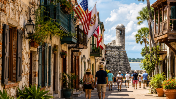 Artist's illustration of visitors walking through the Historic Downtown district of St. Augustine, Florida near Castillo de San Marcos, showing the city's walkable streets and historic atmosphere.