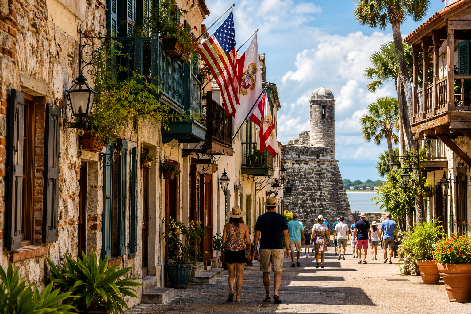 Artist's illustration of visitors walking through the Historic Downtown district of St. Augustine, Florida near Castillo de San Marcos, showing the city's walkable streets and historic atmosphere.