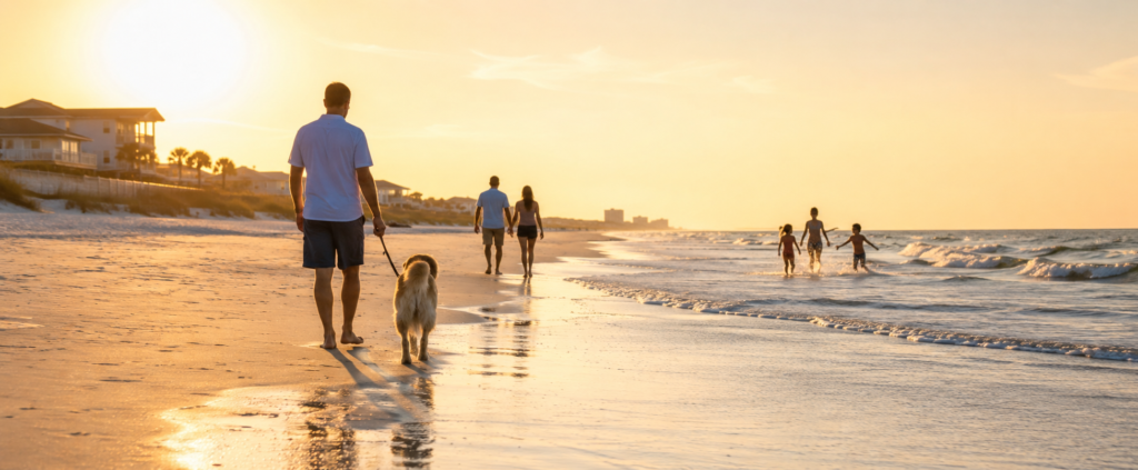 Man walking his dog along Crescent Beach just after sunrise near St. Augustine, Florida while a couple strolls the shoreline and a family with children plays in the gentle surf under golden morning light