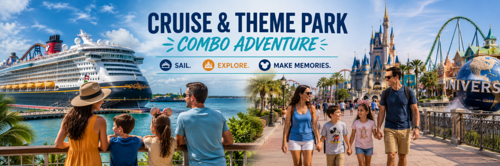 Family enjoying a Florida cruise and theme park vacation featuring a cruise departing from Port Canaveral, Orlando theme parks, Disney, Universal Orlando, and unforgettable family adventures.