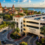 Illustration of the Historic Downtown Parking Garage in St. Augustine, Florida, with the Castillo de San Marcos and historic district in the background.