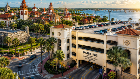 Illustration of the Historic Downtown Parking Garage in St. Augustine, Florida, with the Castillo de San Marcos and historic district in the background.