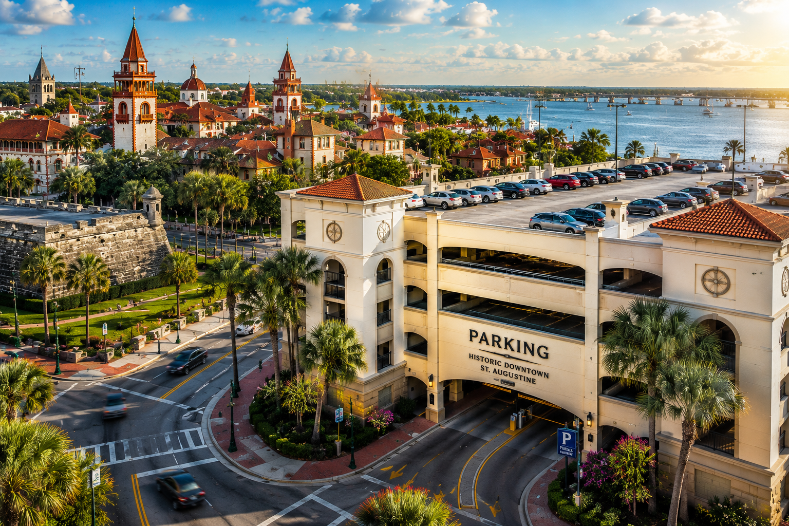 Illustration of the Historic Downtown Parking Garage in St. Augustine, Florida, with the Castillo de San Marcos and historic district in the background.