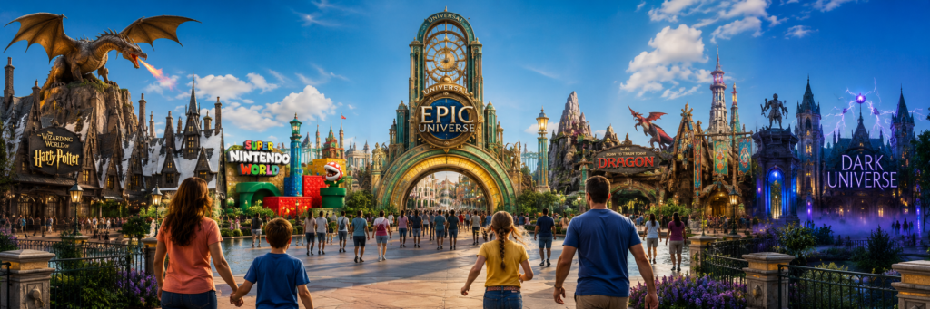 Family entering Epic Universe in Orlando, Florida to explore immersive worlds including The Wizarding World of Harry Potter, Super Nintendo World, How to Train Your Dragon – Isle of Berk, Dark Universe, and thrilling theme park adventures.