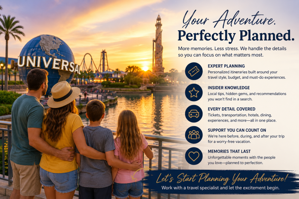 Family enjoying a beautiful sunset at an Orlando theme park during a memorable Florida vacation planned with the help of experienced travel specialists.