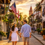 A happy couple walks hand in hand along historic St. George Street in St. Augustine, Florida, surrounded by Spanish colonial architecture, charming shops, palm trees, and warm golden evening light.