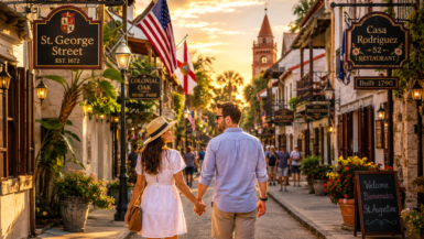 A happy couple walks hand in hand along historic St. George Street in St. Augustine, Florida, surrounded by Spanish colonial architecture, charming shops, palm trees, and warm golden evening light.