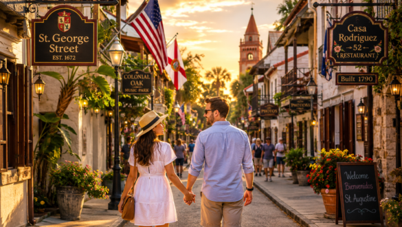 A happy couple walks hand in hand along historic St. George Street in St. Augustine, Florida, surrounded by Spanish colonial architecture, charming shops, palm trees, and warm golden evening light.
