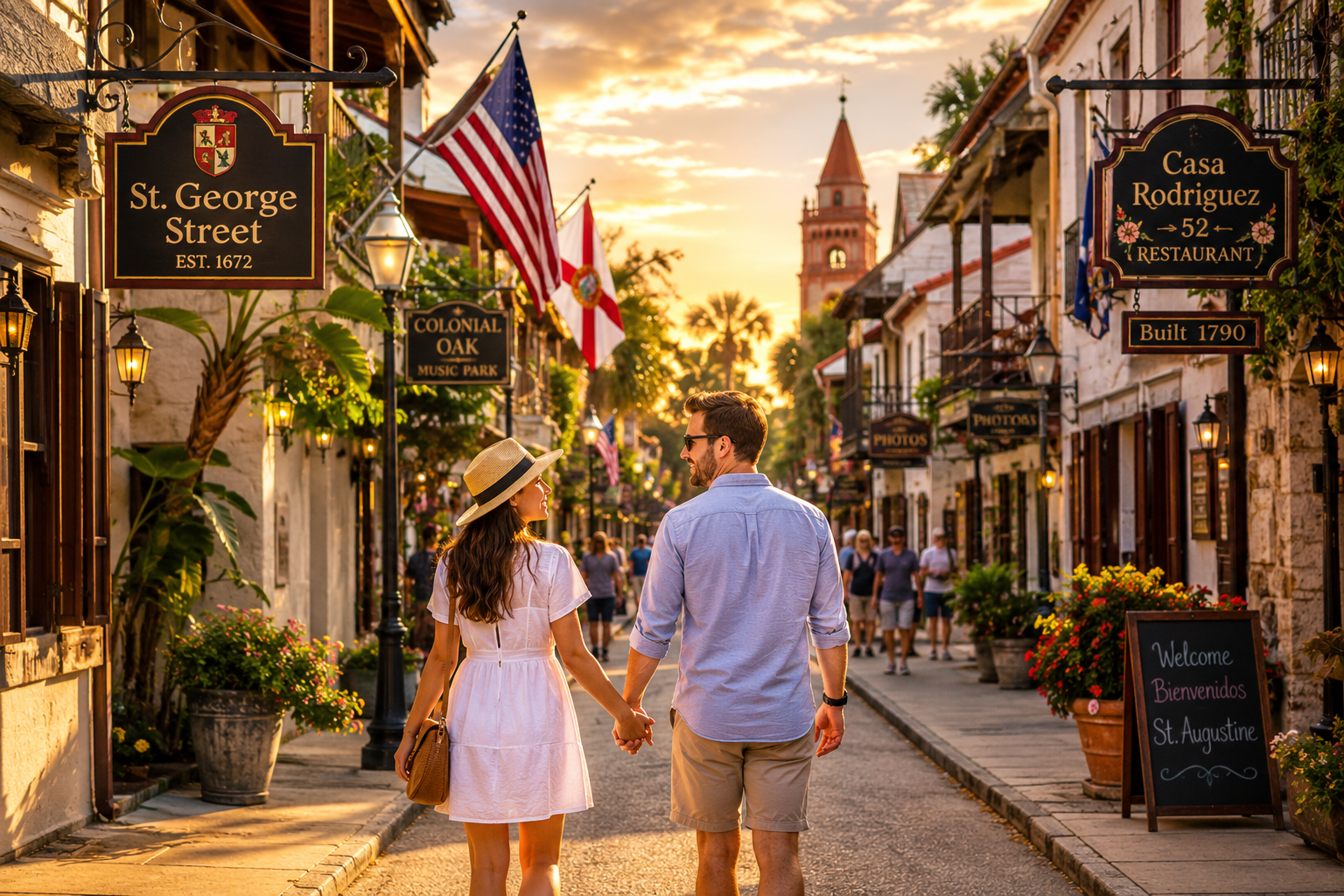 A happy couple walks hand in hand along historic St. George Street in St. Augustine, Florida, surrounded by Spanish colonial architecture, charming shops, palm trees, and warm golden evening light.