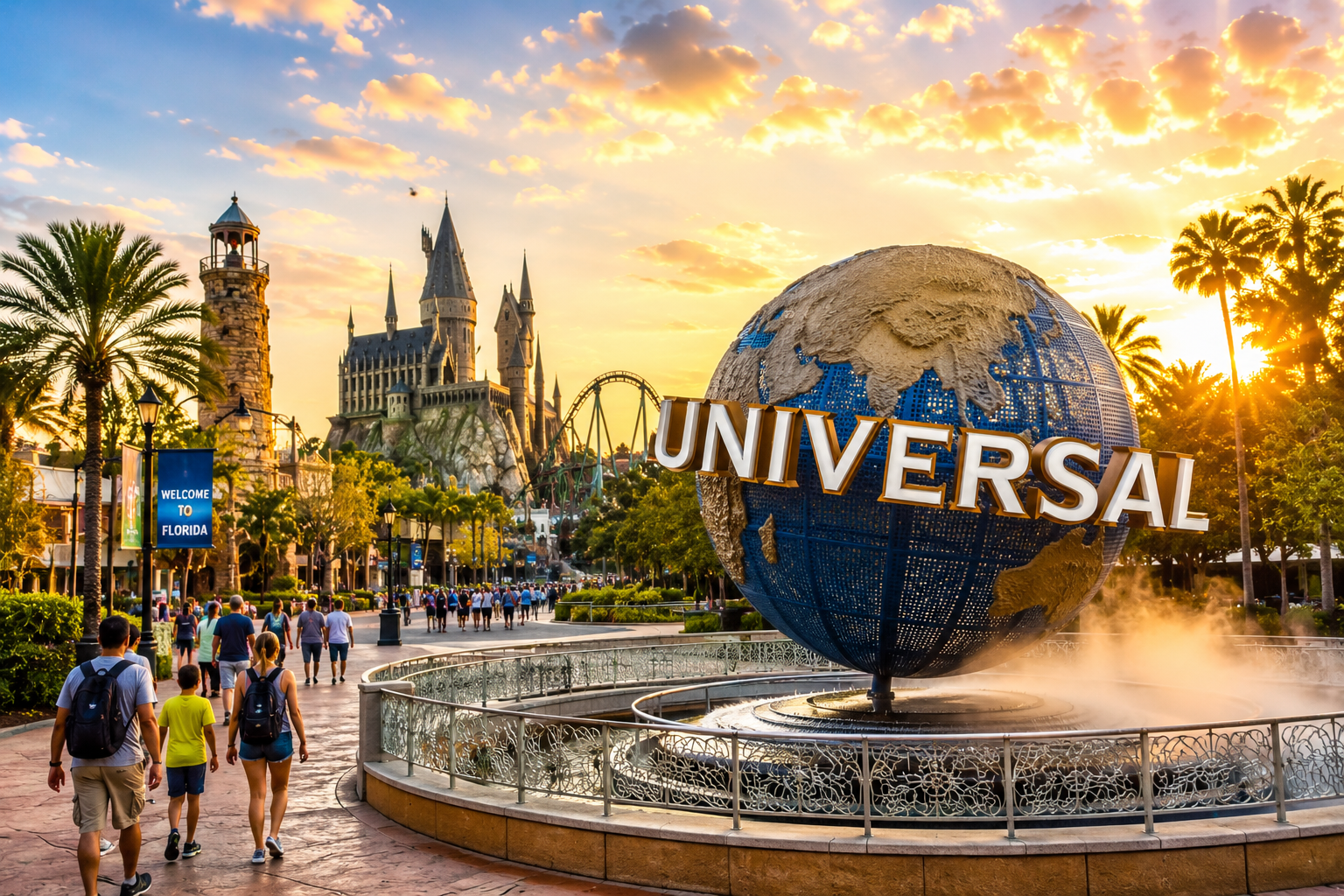 Families exploring popular Florida attractions including theme parks, entertainment destinations, and world-famous experiences across the Sunshine State.