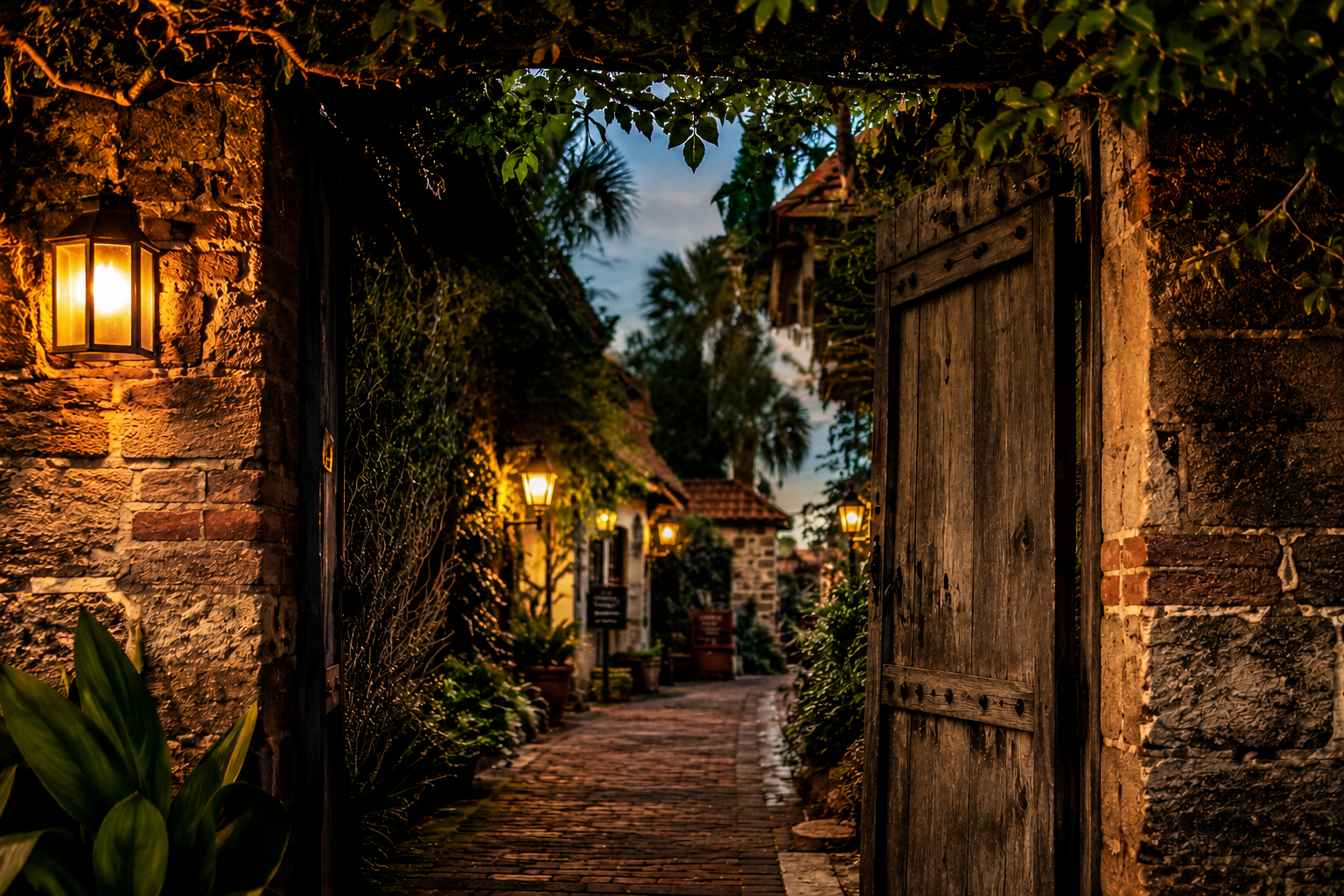 Hidden cobblestone courtyard entrance in historic St. Augustine, Florida with an open wooden gate, glowing lanterns, stone walls, lush gardens, and a mysterious Old World atmosphere