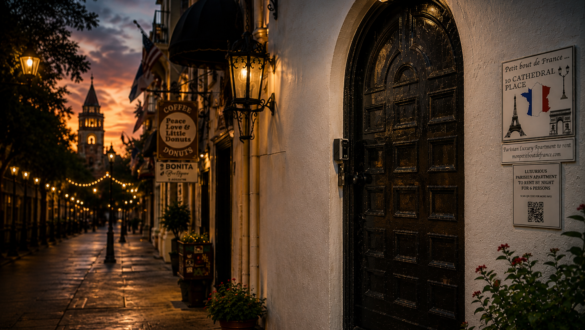 Hidden St. Augustine black wooden doorway on Cathedral Place leading to a secret Parisian-inspired vacation apartment in the heart of historic downtown St. Augustine, Florida at sunset