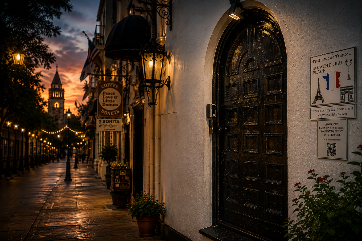Hidden St. Augustine black wooden doorway on Cathedral Place leading to a secret Parisian-inspired vacation apartment in the heart of historic downtown St. Augustine, Florida at sunset