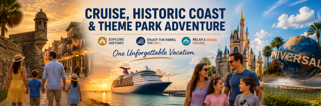 Family enjoying a Historic Coast and Theme Park Adventure featuring St. Augustine's historic district, Castillo de San Marcos, Orlando theme parks, Disney, Universal Orlando, and an unforgettable Florida family vacation.