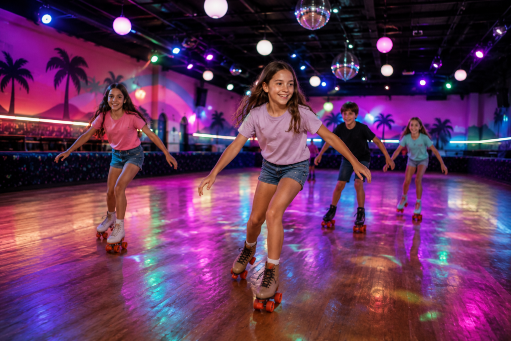 Children enjoying roller skating on a rainy day in St. Augustine with colorful lights, retro decor, and family-friendly indoor fun
