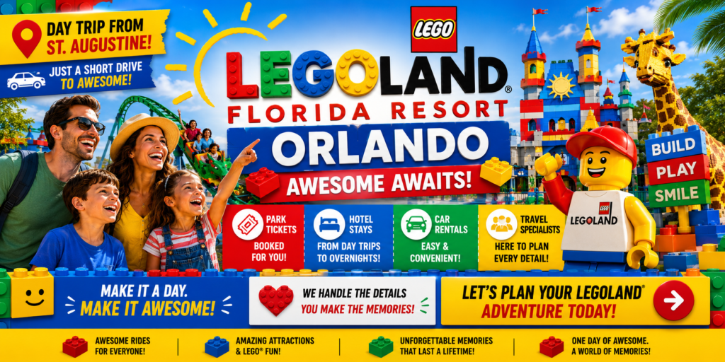 Family enjoying a fun-filled LEGOLAND Florida day trip from St. Augustine featuring colorful LEGO attractions, rides, and travel planning services including tickets, hotels, and car rentals