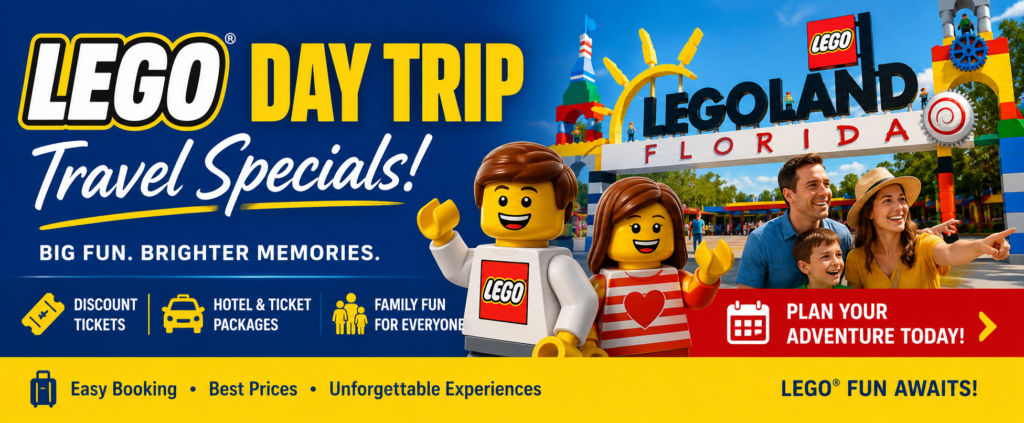 Family enjoying a fun-filled day trip to LEGOLAND Florida Resort featuring discounted tickets, vacation packages, and family travel specials from St. Augustine