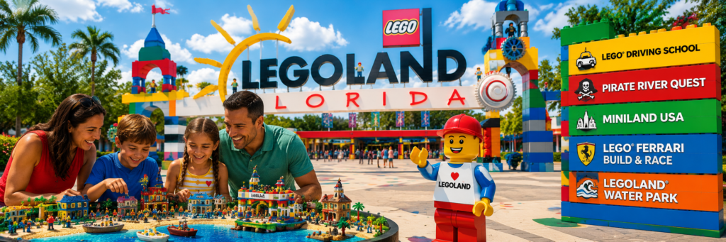 "Family enjoying the LEGO Builder's Vacation at LEGOLAND Florida Resort featuring interactive attractions, LEGO Driving School, Pirate River Quest, Miniland USA, LEGO Ferrari Build and Race, and LEGOLAND Water Park.