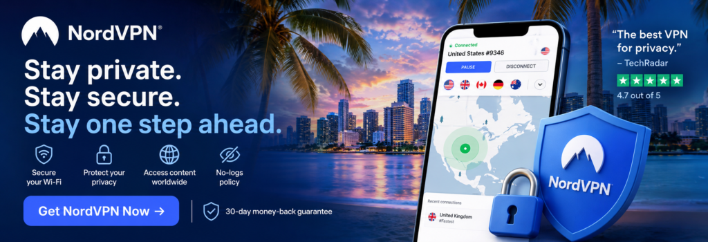 NordVPN promotional banner highlighting secure internet access, encrypted browsing, private online protection, and global VPN service for travelers using public Wi-Fi.