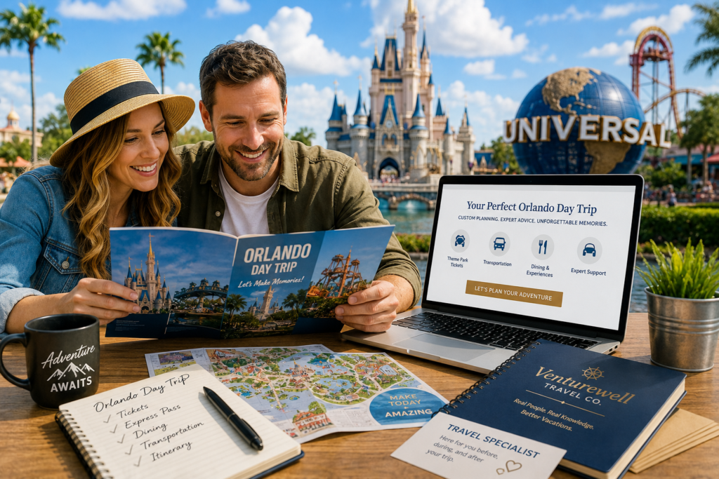 Couple planning an Orlando day trip with a professional travel specialist while exploring theme park tickets, personalized itineraries, transportation, and Florida vacation experiences.