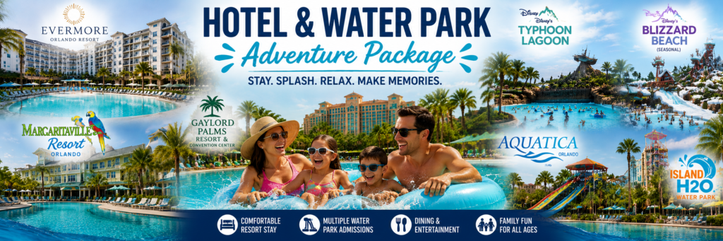 Family enjoying an Orlando Resort and Water Park Adventure featuring Evermore Orlando Resort, Margaritaville Resort Orlando, Gaylord Palms Resort, Aquatica Orlando, Island H2O Water Park, Disney's Typhoon Lagoon, and Disney's Blizzard Beach.