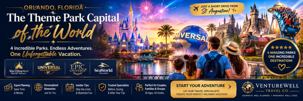 Family of international travelers discovering Orlando, Florida, the Theme Park Capital of the World, featuring world-famous theme parks, thrilling roller coasters, fireworks, and personalized vacation planning from Venturewell Travel Co.