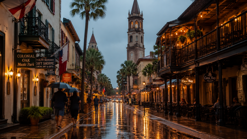 Couples walking under umbrellas through historic downtown St. Augustine on a rainy evening with glowing restaurant patios, reflections on wet brick streets, palm trees, and warm lights creating a cozy atmosphere
