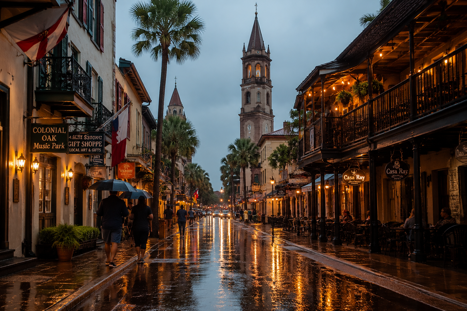 Couples walking under umbrellas through historic downtown St. Augustine on a rainy evening with glowing restaurant patios, reflections on wet brick streets, palm trees, and warm lights creating a cozy atmosphere