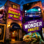Colorful promotional artwork of Ripley's Believe It or Not! in St. Augustine featuring the famous museum, giant shark, floating vintage car, Moai statue, bizarre exhibits, and family-friendly attractions.