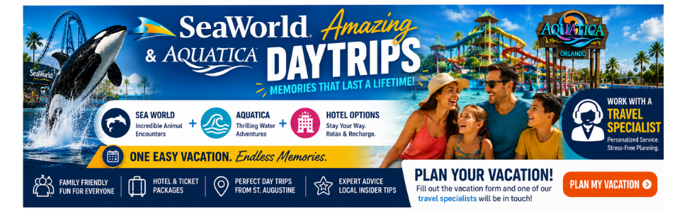 Family enjoying a professionally planned vacation to SeaWorld Orlando and Aquatica Orlando featuring day trip experiences, optional hotel and ticket packages, and personalized vacation planning assistance from experienced travel specialists in St. Augustine, Florida