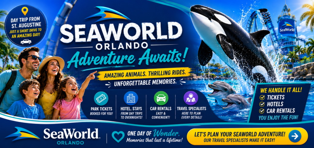 Family enjoying a SeaWorld Orlando day trip from St. Augustine featuring killer whales, dolphins, thrilling roller coasters, and travel planning services including tickets, hotels, and car rentals