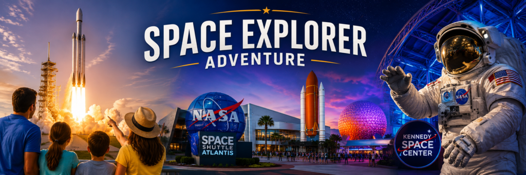 Family watching a rocket launch during a Space Explorer Adventure vacation featuring the Kennedy Space Center Visitor Complex, Space Shuttle Atlantis exhibit, astronaut experiences, and Florida's Space Coast.