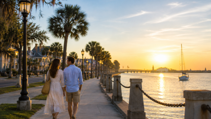 Couple walking hand in hand along the historic bayfront promenade in St. Augustine, Florida just after sunrise, with golden morning light reflecting across Matanzas Bay, palm trees lining the waterfront, and a sailboat resting in the calm water in the distance