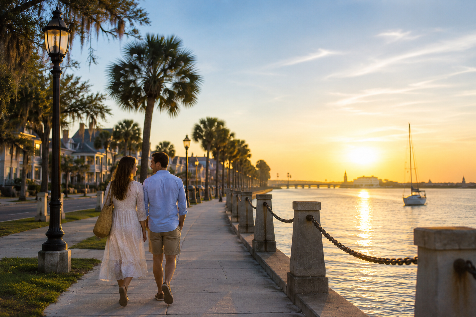 Couple walking hand in hand along the historic bayfront promenade in St. Augustine, Florida just after sunrise, with golden morning light reflecting across Matanzas Bay, palm trees lining the waterfront, and a sailboat resting in the calm water in the distance