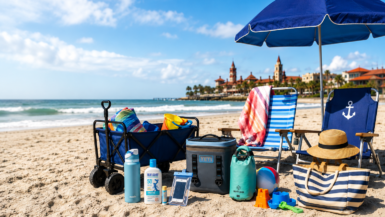 Beach packing essentials for a perfect day at St. Augustine beaches including shade, chairs, cooler, and family supplies