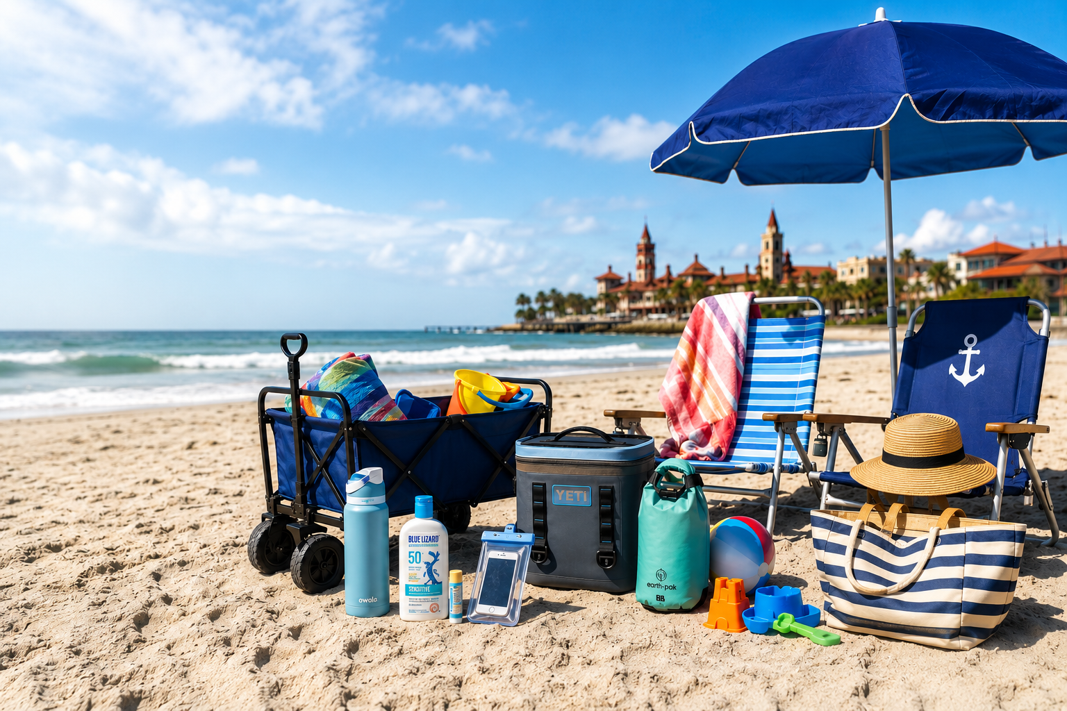 Beach packing essentials for a perfect day at St. Augustine beaches including shade, chairs, cooler, and family supplies