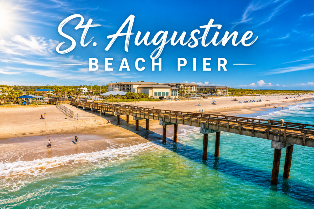 Aerial view of the St. Augustine Beach Pier on a sunny Florida day with turquoise water, white sand, and the iconic pier extending into the Atlantic Ocean.