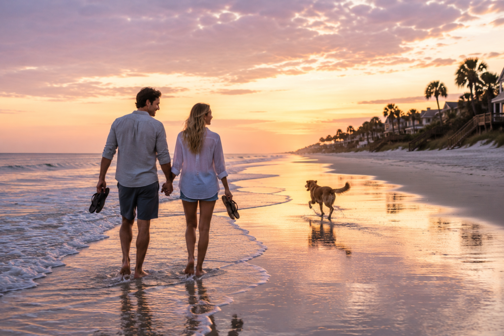 Happy couple walking barefoot along St. Augustine Beach before sunrise with their dog as gentle waves wash over their feet beneath colorful morning skies in St. Augustine, Florida.