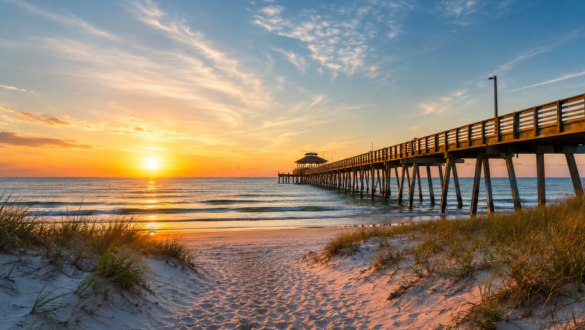 Sunrise over St. Augustine Beach Pier with golden light illuminating the Atlantic Ocean and sandy dunes in St. Augustine Beach, Florida.