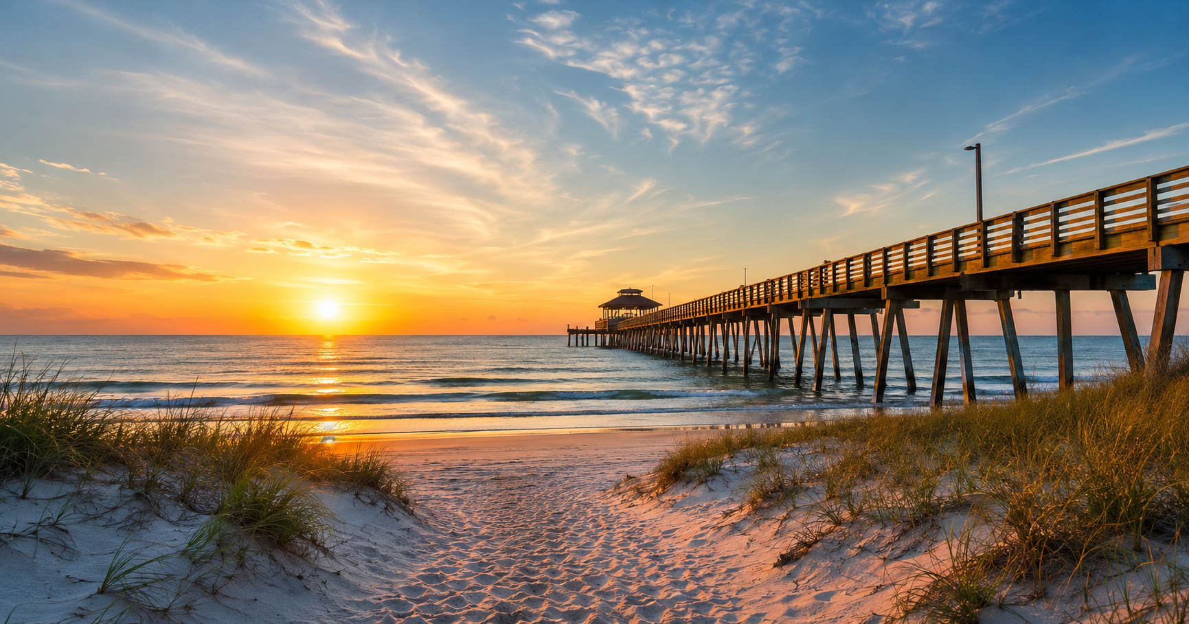 Sunrise over St. Augustine Beach Pier with golden light illuminating the Atlantic Ocean and sandy dunes in St. Augustine Beach, Florida.