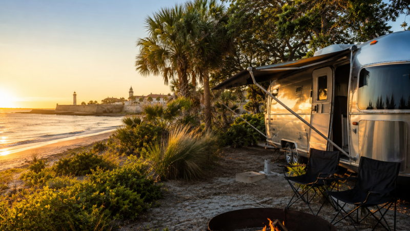 Luxury RV campsite overlooking the Atlantic Ocean near historic St. Augustine at sunset, featuring a polished travel trailer, campfire, palm trees, coastal dunes, and breathtaking views of the waterfront and historic skyline