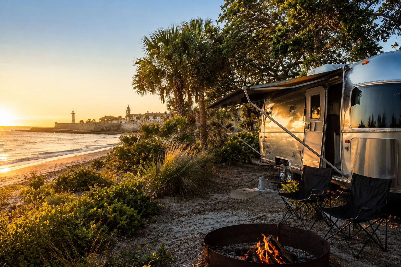 Luxury RV campsite overlooking the Atlantic Ocean near historic St. Augustine at sunset, featuring a polished travel trailer, campfire, palm trees, coastal dunes, and breathtaking views of the waterfront and historic skyline