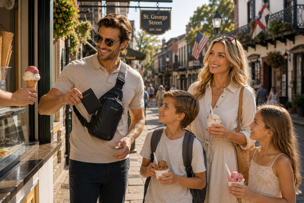 A family enjoys ice cream on St. George Street in historic St. Augustine, Florida, while using travel safety essentials including an anti-theft sling bag and a passport organizer during their vacation.