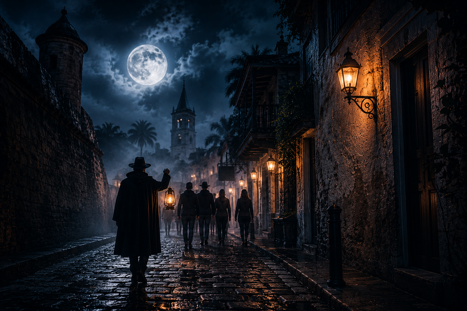 Nighttime ghost tour in historic downtown St. Augustine with a lantern-carrying guide leading visitors through haunted streets near Castillo de San Marcos.