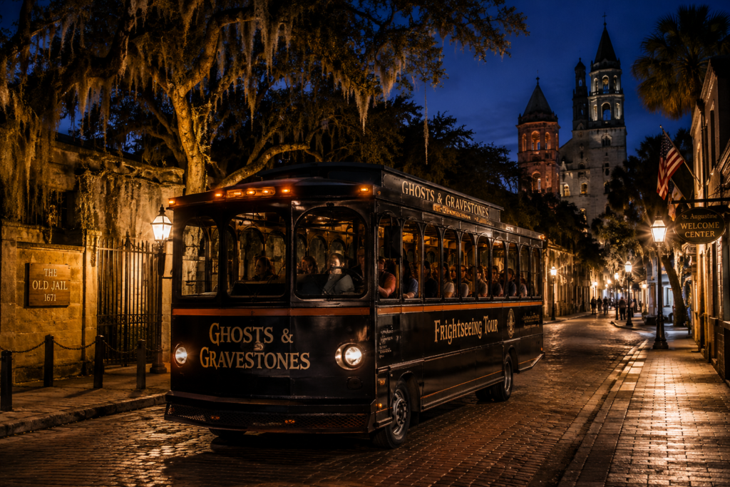 Ghosts & Gravestones haunted trolley traveling through historic downtown St. Augustine at night beneath Spanish moss and illuminated by lanterns. π¨ Illustration.