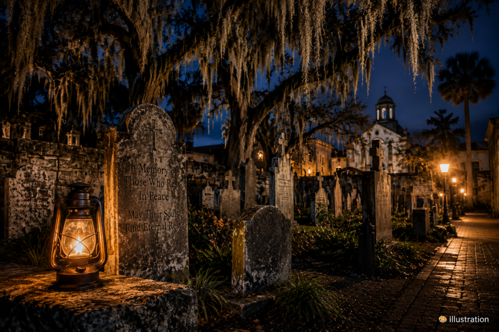 Historic cemetery in St. Augustine at night with weathered gravestones, Spanish moss, glowing lanterns, and a historic church in the background. π¨ Illustration.