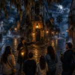 Lantern ghost tour guide helping visitors choose between haunted ghost tours in historic St. Augustine at night, with cobblestone streets, Spanish moss, glowing gas lanterns, fog, and ghostly apparitions.