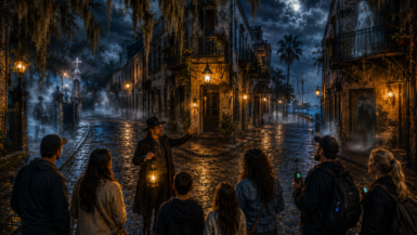 Lantern ghost tour guide helping visitors choose between haunted ghost tours in historic St. Augustine at night, with cobblestone streets, Spanish moss, glowing gas lanterns, fog, and ghostly apparitions.